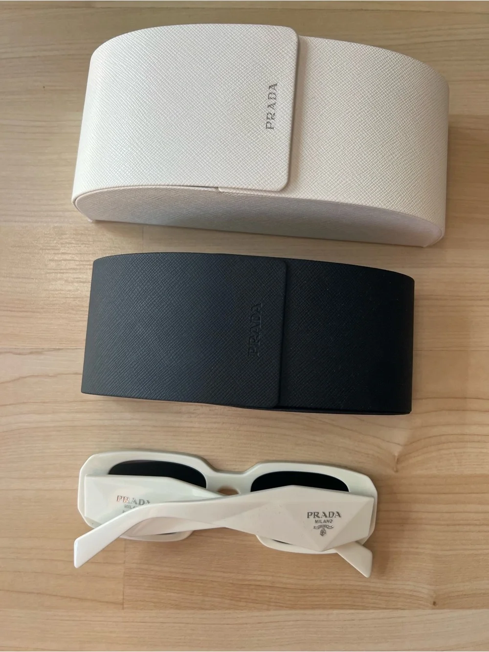 Prada White Sunglasses with Black Lenses and Dual Prada Cases